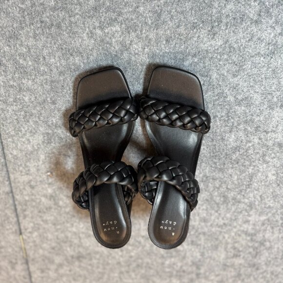 A New Day Basil Womens US 8.5 Slide Sandals Black Leather Braided Double Strap - Picture 1 of 6
